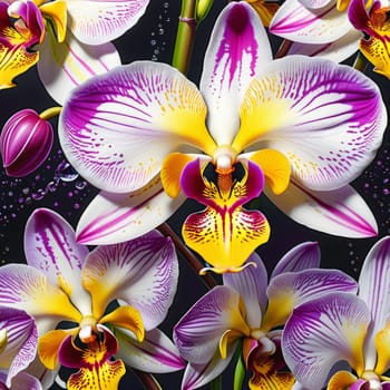 Captivating yellow and purple orchids with lush green leaves, against deep starry backdrop, offering blend of elegance and natural beauty for floral-themed art and design