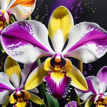Captivating yellow and purple orchids with lush green leaves, against deep starry backdrop, offering blend of elegance and natural beauty for floral-themed art and design