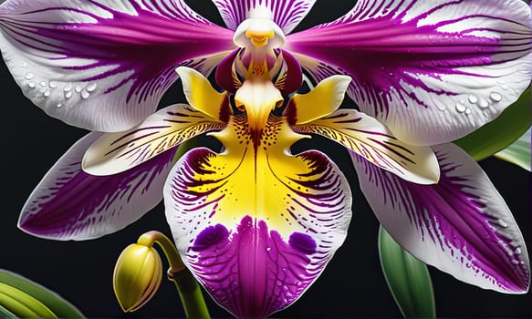 Elegant yellow and purple orchids with lush green leaves, set against deep starry background, creating stunning visual appeal for nature lovers and floral-themed art enthusiasts