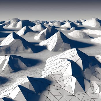 A polygonal wireframe terrain showcasing interconnected triangular shapes, creating a rugged and abstract 3D landscape.