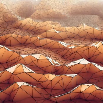 A polygonal wireframe terrain showcasing interconnected triangular shapes, creating a rugged and abstract 3D landscape.