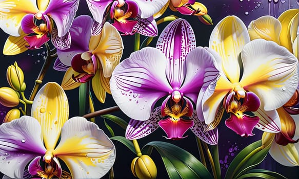 Elegant yellow and purple orchids with lush green leaves, set against deep starry background, creating stunning visual appeal for nature lovers and floral-themed art enthusiasts
