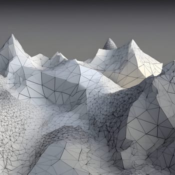 A polygonal wireframe terrain showcasing interconnected triangular shapes, creating a rugged and abstract 3D landscape.