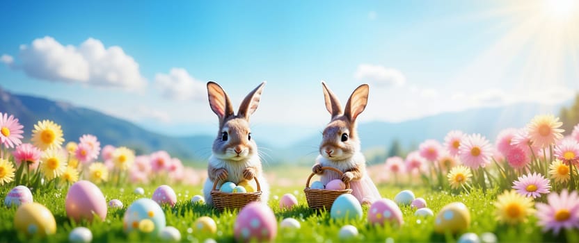 Two rabbits holding baskets of Easter eggs in a field
