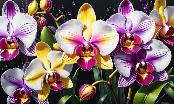 Elegant yellow and purple orchids with lush green leaves, set against deep starry background, creating stunning visual appeal for nature lovers and floral-themed art enthusiasts