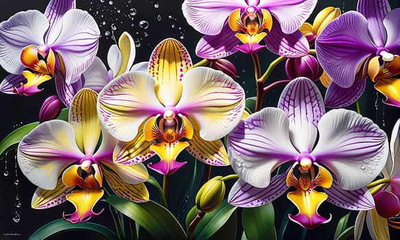 Elegant yellow and purple orchids with lush green leaves, set against deep starry background, creating stunning visual appeal for nature lovers and floral-themed art enthusiasts