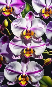 Elegant yellow and purple orchids with lush green leaves, set against deep starry background, creating stunning visual appeal for nature lovers and floral-themed art enthusiasts