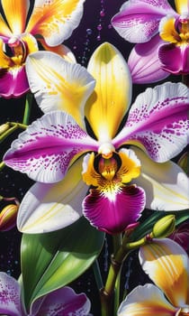 Elegant yellow and purple orchids with lush green leaves, set against deep starry background, creating stunning visual appeal for nature lovers and floral-themed art enthusiasts