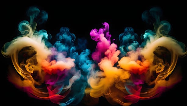 Symmetrical patterns of colorful smoke flowing gracefully against a dark background, creating a mesmerizing and vibrant abstract effect.
