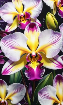 Elegant yellow and purple orchids with lush green leaves, set against deep starry background, creating stunning visual appeal for nature lovers and floral-themed art enthusiasts