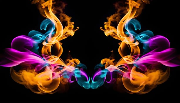 Symmetrical patterns of colorful smoke flowing gracefully against a dark background, creating a mesmerizing and vibrant abstract effect.