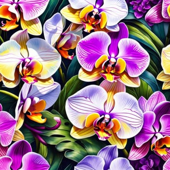 Elegant yellow and purple orchids with lush green leaves, set against deep starry background, creating stunning visual appeal for nature lovers and floral-themed art enthusiasts
