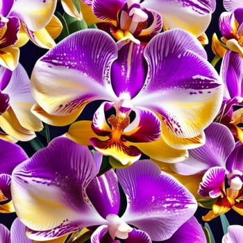 Elegant yellow and purple orchids with lush green leaves, set against deep starry background, creating stunning visual appeal for nature lovers and floral-themed art enthusiasts