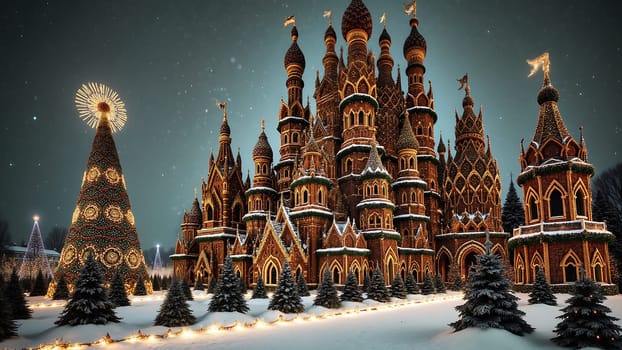 A city with a large castle and many trees with fireworks in the background