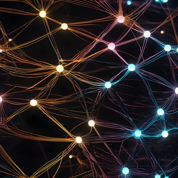 A network of glowing wireframe connections, showcasing interconnected nodes with vibrant neon lights and a digital, futuristic feel.
