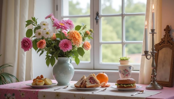A table with a vase of flowers, a cake, and a sandwich