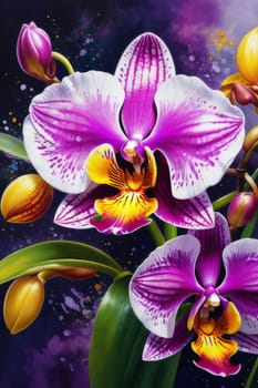 Elegant yellow and purple orchids with lush green leaves, set against deep starry background, creating stunning visual appeal for nature lovers and floral-themed art enthusiasts