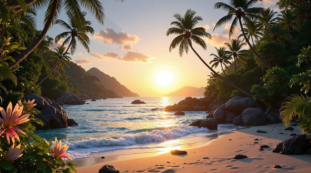 A beautiful beach scene with a sunset in the background. The beach is surrounded by palm trees and there are rocks in the water. Scene is peaceful and relaxing