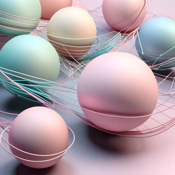 Overlapping wireframe spheres in soft pastel colors, creating a dreamy and geometric visual with depth and texture.