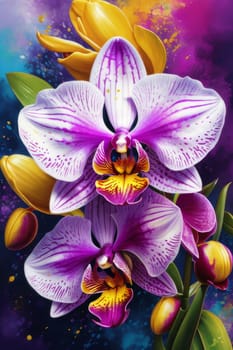Elegant yellow and purple orchids with lush green leaves, set against deep starry background, creating stunning visual appeal for nature lovers and floral-themed art enthusiasts
