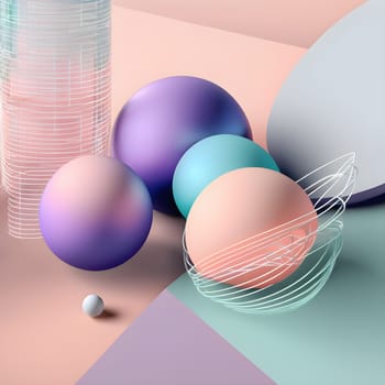 Overlapping wireframe spheres in soft pastel colors, creating a dreamy and geometric visual with depth and texture.