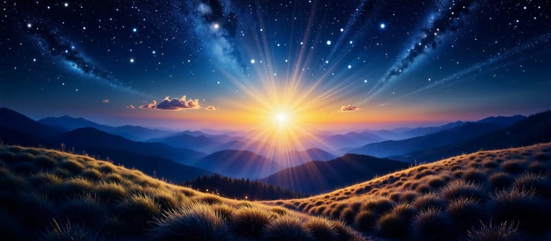 A beautiful sunrise over a mountain range with a bright sun shining through the clouds. The sky is filled with stars and the mountains are covered in grass