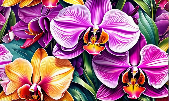 Elegant yellow and purple orchids with lush green leaves, set against deep starry background, creating stunning visual appeal for nature lovers and floral-themed art enthusiasts