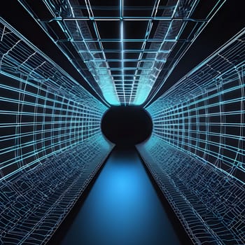 An abstract wireframe tunnel featuring a glowing center, creating a sense of depth and modern, futuristic aesthetics.