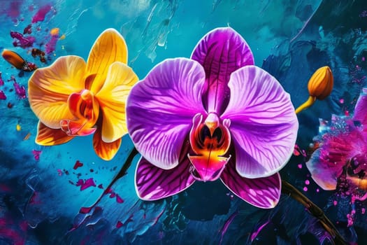 Beautiful yellow and purple orchids with delicate petals and vibrant green leaves, against dark starry backdrop, ideal for floral-themed designs and projects seeking elegance and beauty
