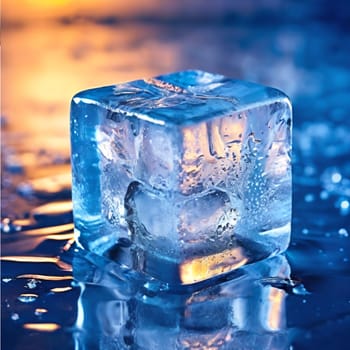 A detailed close-up of bubbles trapped in a frozen ice cube, illuminated by colorful lighting, creating a vibrant, abstract effect.