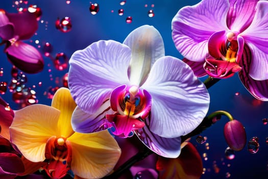 Beautiful yellow and purple orchids with delicate petals and vibrant green leaves, against dark starry backdrop, ideal for floral-themed designs and projects seeking elegance and beauty