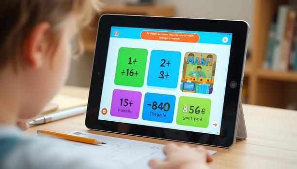 A young mind, bathed in soft light, dives into a vibrant digital world. Pencil in hand, curiosity gleams as colorful numbers dance onscreen. Joyful learning fills the air like a warm embrace.