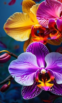 Beautiful yellow and purple orchids with delicate petals and vibrant green leaves, against dark starry backdrop, ideal for floral-themed designs and projects seeking elegance and beauty