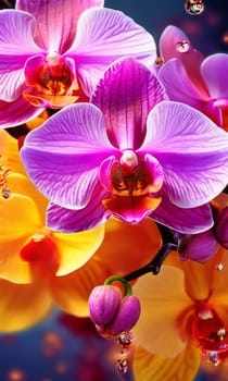 Beautiful yellow and purple orchids with delicate petals and vibrant green leaves, against dark starry backdrop, ideal for floral-themed designs and projects seeking elegance and beauty