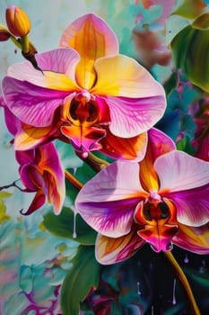 Beautiful yellow and purple orchids with delicate petals and vibrant green leaves, against dark starry backdrop, ideal for floral-themed designs and projects seeking elegance and beauty