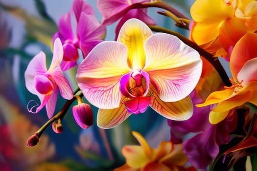 Beautiful yellow and purple orchids with delicate petals and vibrant green leaves, against dark starry backdrop, ideal for floral-themed designs and projects seeking elegance and beauty