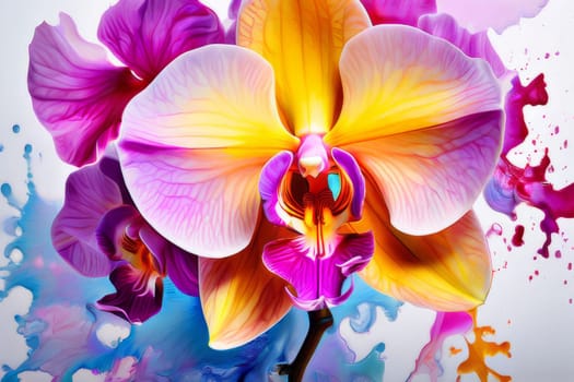Beautiful yellow and purple orchids with delicate petals and vibrant green leaves, against dark starry backdrop, ideal for floral-themed designs and projects seeking elegance and beauty