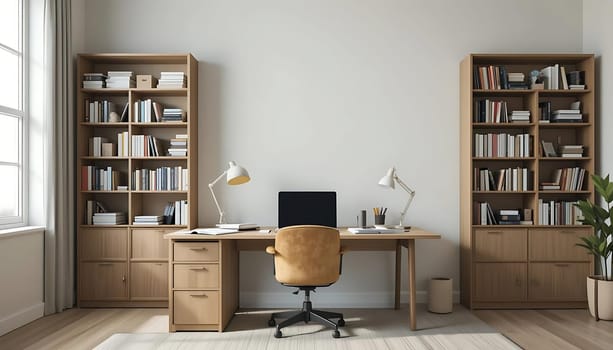 Bathed in soft, natural light, this tranquil workspace whispers serenity. Wooden shelves, filled with stories, cradle the room. The gentle hum of quiet productivity fills the air; a cozy chair beckons, inviting creativity. Calm and focus intertwine, making this sanctuary a haven for dreams and thoughts.