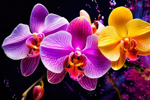 Beautiful yellow and purple orchids with delicate petals and vibrant green leaves, against dark starry backdrop, ideal for floral-themed designs and projects seeking elegance and beauty