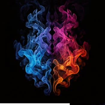 Symmetrical patterns of colorful smoke flowing gracefully against a dark background, creating a mesmerizing and vibrant abstract effect.