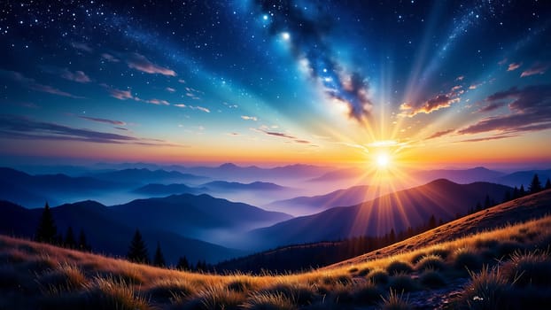 A beautiful sunrise over a mountain range with a bright sun shining through the clouds. The sky is filled with stars and the mountains are covered in grass