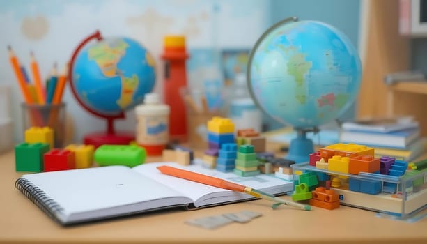 A world of creativity unfurls on a sunlit desk, globes whispering adventure. Colors dance, blocks dreaming of towers, and pencils yearn for stories. Hope and curiosity play, as learning comes alive.