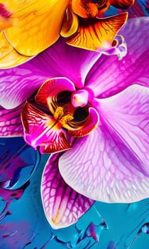 Beautiful yellow and purple orchids with delicate petals and vibrant green leaves, against dark starry backdrop, ideal for floral-themed designs and projects seeking elegance and beauty