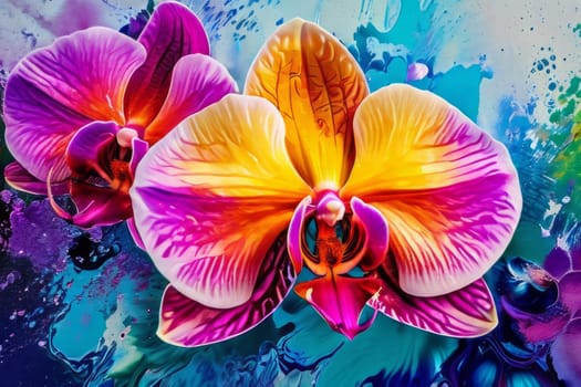 Vibrant orchids in yellow and purple hues with lush green leaves against dark starry background, creating enchanting floral scene perfect for nature-inspired designs and decor projects