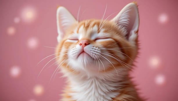 In a soft, pink dreamscape with twinkling lights, a fluffy ginger kitten nestles, eyes closed in bliss. Its tiny whiskers twitch, radiating pure joy and contentment.