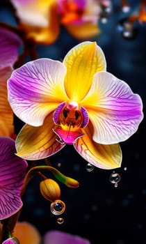 Vibrant orchids in yellow and purple hues with lush green leaves against dark starry background, creating enchanting floral scene perfect for nature-inspired designs and decor projects