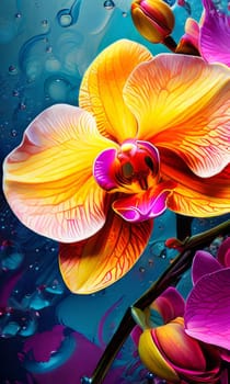 Vibrant orchids in yellow and purple hues with lush green leaves against dark starry background, creating enchanting floral scene perfect for nature-inspired designs and decor projects