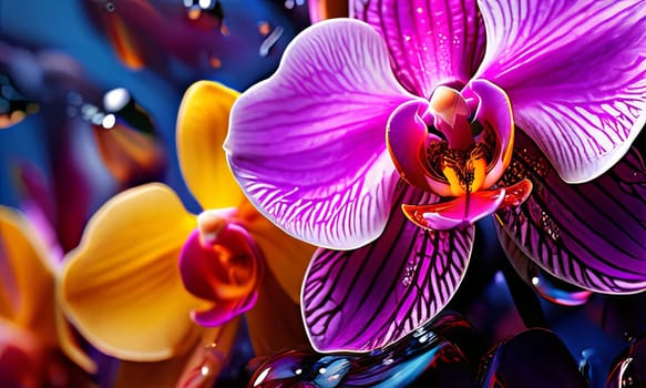 Vibrant orchids in yellow and purple hues with lush green leaves against dark starry background, creating enchanting floral scene perfect for nature-inspired designs and decor projects