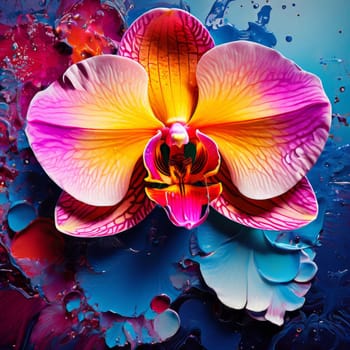 Vibrant orchids in yellow and purple hues with lush green leaves against dark starry background, creating enchanting floral scene perfect for nature-inspired designs and decor projects