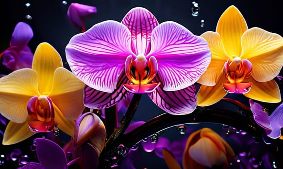 Vibrant orchids in yellow and purple hues with lush green leaves against dark starry background, creating enchanting floral scene perfect for nature-inspired designs and decor projects